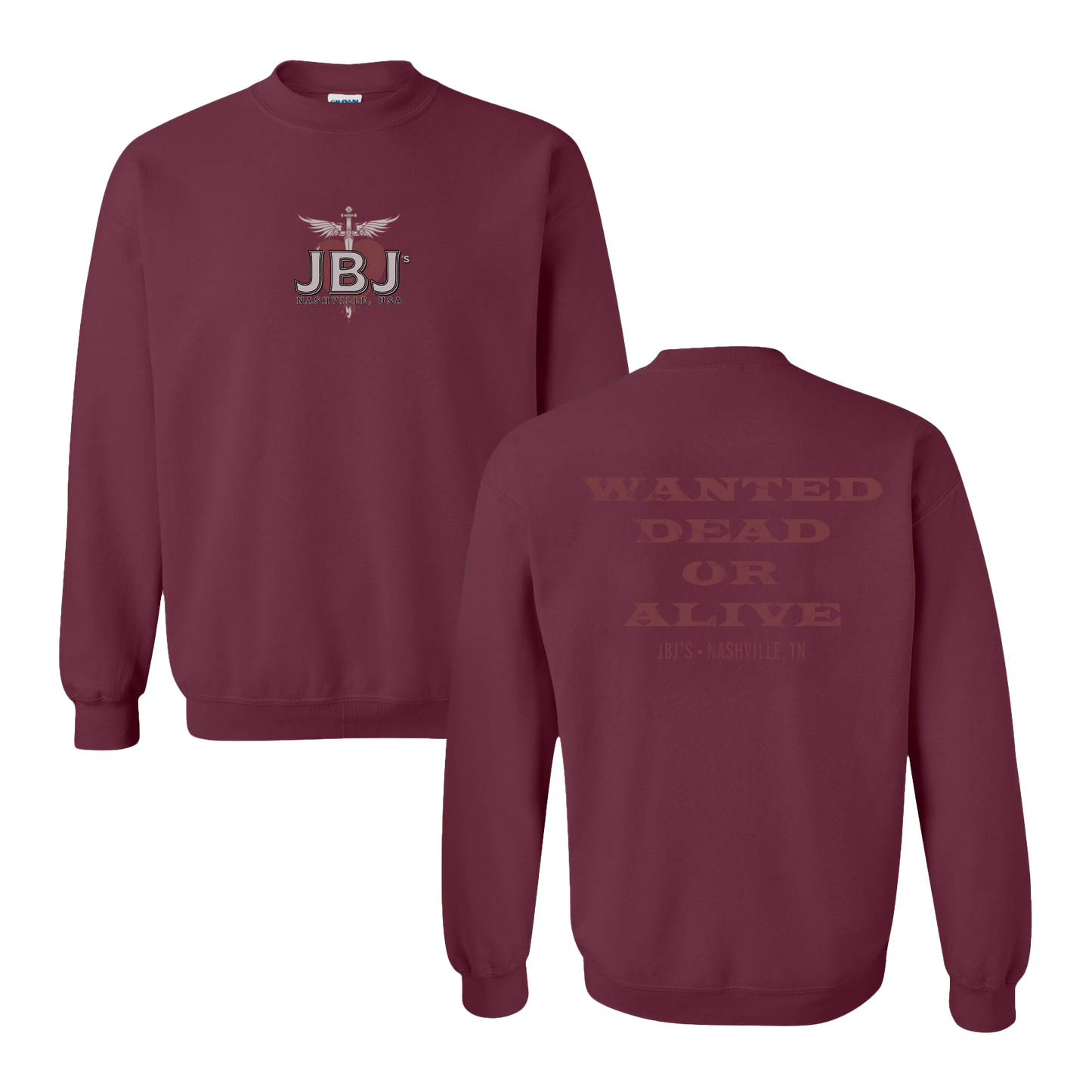 Maroon sweatshirt with 'JBJ' logo on front and 'Wanted Dead or Alive' text on back, on a white background.