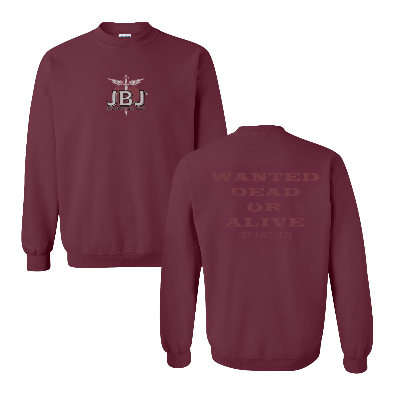 Maroon sweatshirt with 'JBJ' logo on front and 'Wanted Dead or Alive' text on back, on a white background.